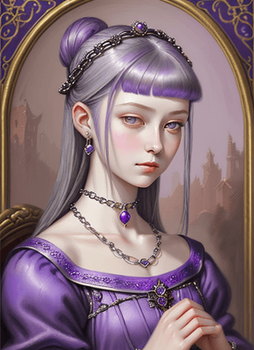 AI generated: oil painting, emperor's daughter, 16 years old, medieval ball lilac dress, brunette high hairstyle, ...