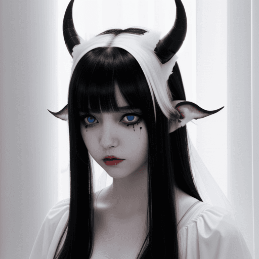 AI generated: pitch white demon horns, long black hair, white curtain bangs, pitch black eyes with white pupils