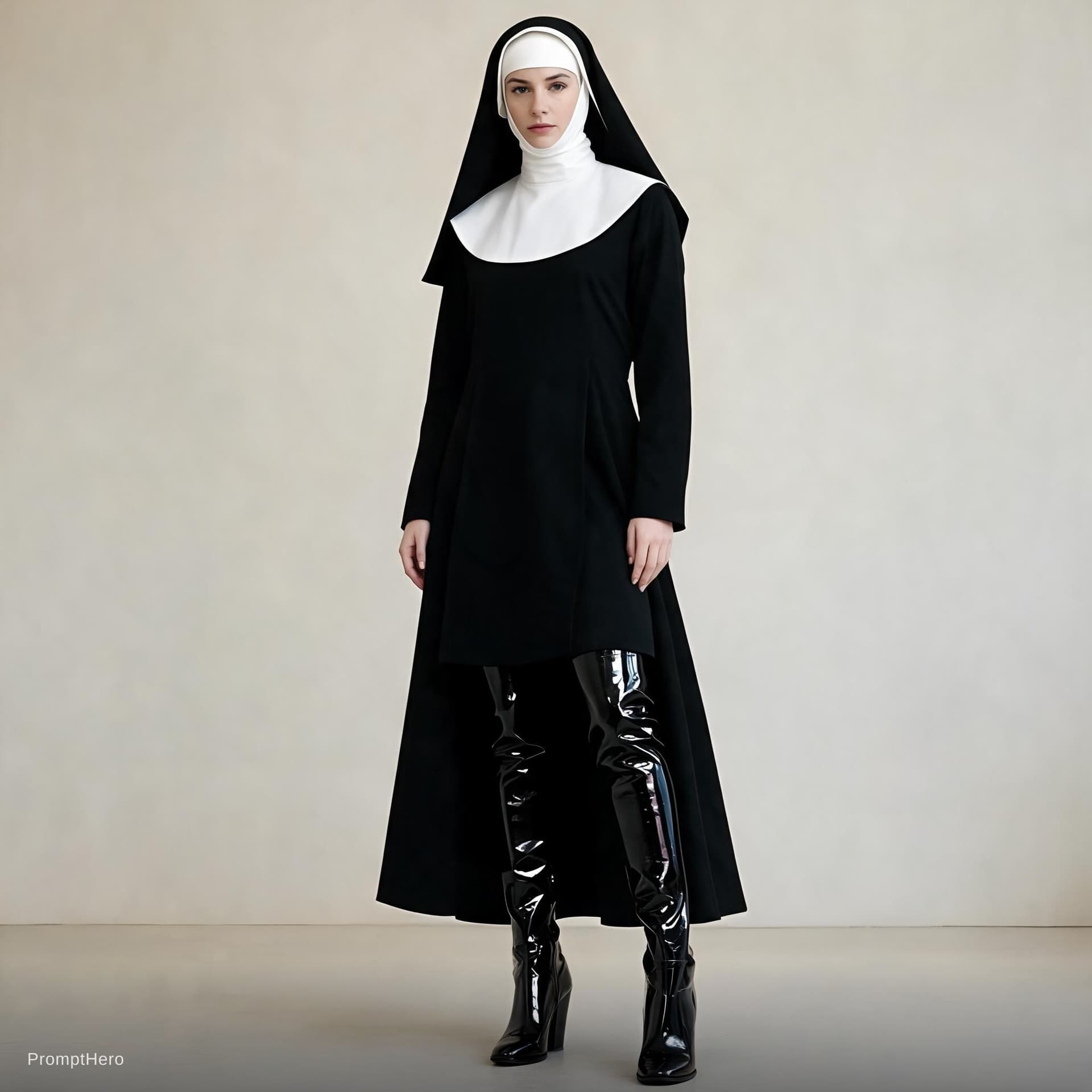 AI generated: nun with shiny black boots
