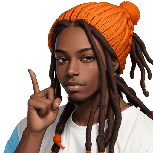 AI generated: 
Positive young pretty dark skinned male with dreadlocks keeping his lips folded while pointing asid...