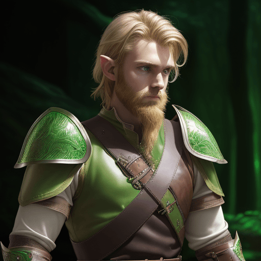 AI generated: high detailed professional upper body photo of a young half-elf with shaggy blonde beard and hair we...