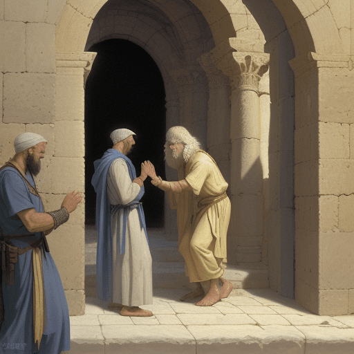 AI generated: Peter healing a blind man at the gates of the Temple of Jerusalem. The image should show Peter stand...