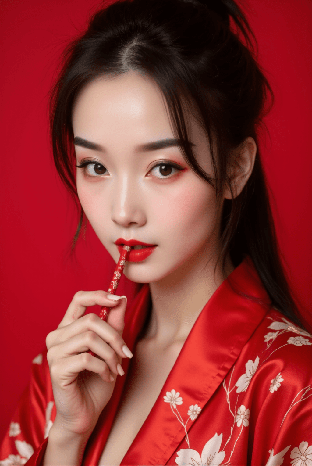 AI generated: The image is a high-resolution photograph of an Asian woman with fair skin and long, dark brown hair...