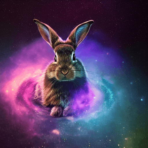 AI generated: galaxies, spirals, space, nebulae, stars, smoke, iridescent, intricate detail, in the shape of a rab...