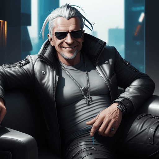 AI generated: Kapiszon, Cyberpunk, Middle aged man, Silver hair, Devious smile, Sitting on a couch, Muscular, High...