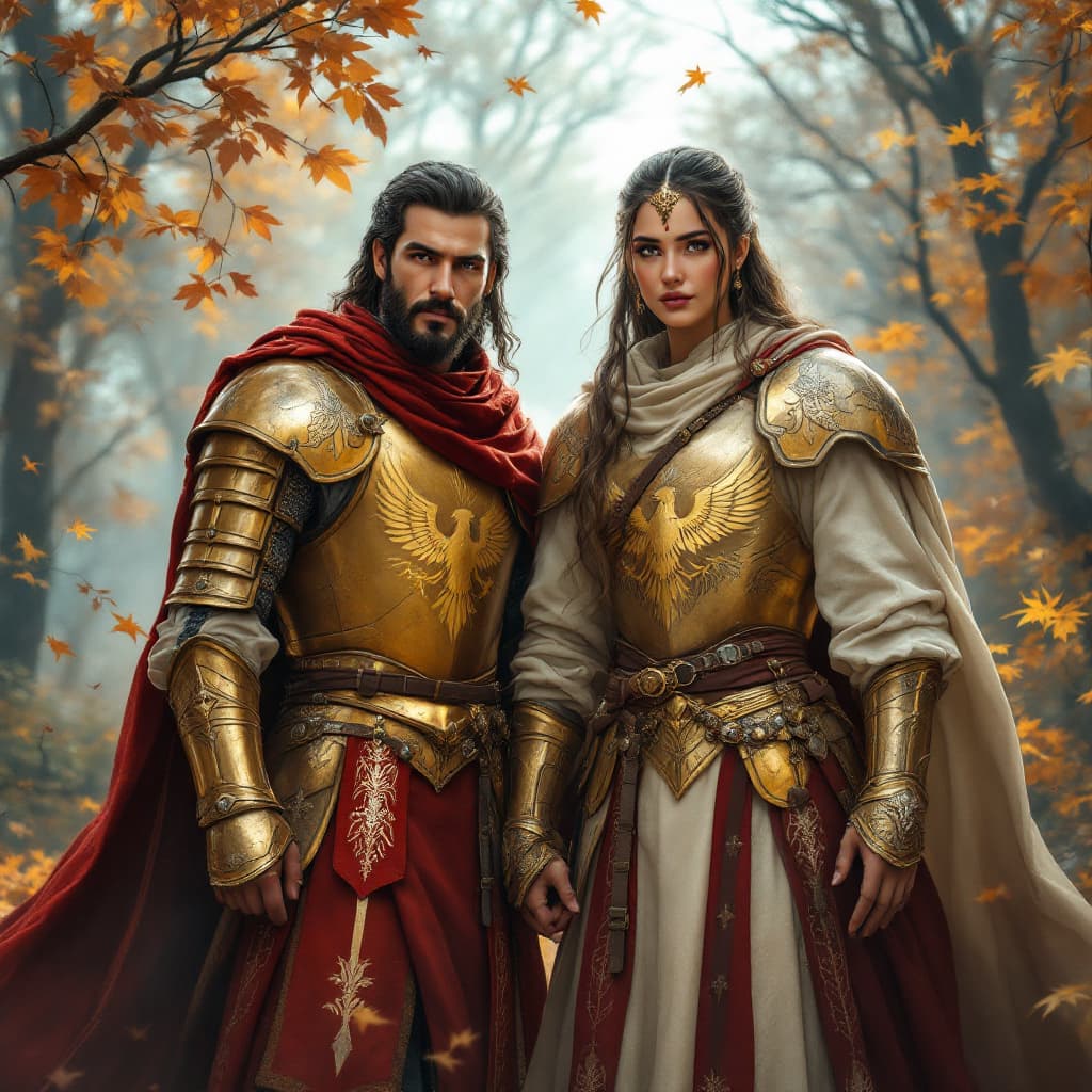 AI generated: A very realistic image of an Iranian warrior couple in the medieval armor, along with a determined a...