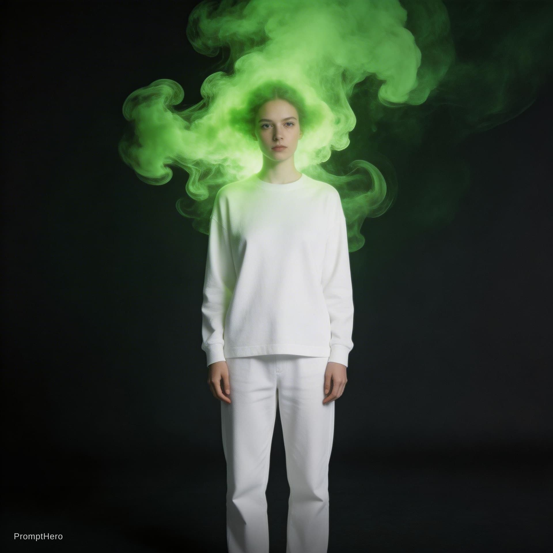 AI generated: photograph,front central shot,full-length,unknown gender figure,black and vibrant radioactive green ...