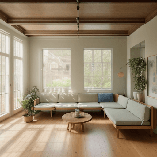 AI generated: High resolution photography interior design, dreamy sunken living room conversation pit, wooden floo...