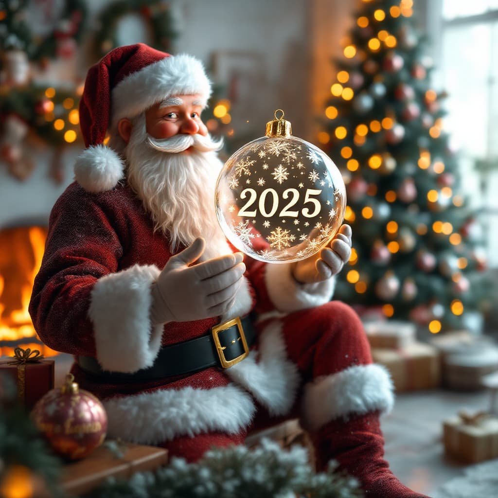 AI generated: A 3D representation of a real scene of Santa Claus sitting on a shelf. Santa Claus is holding a tran...