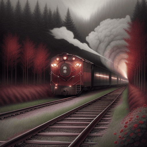 AI generated: beautiful pencil drawing of an emty rail road track and a forest in background, a train comeing from...