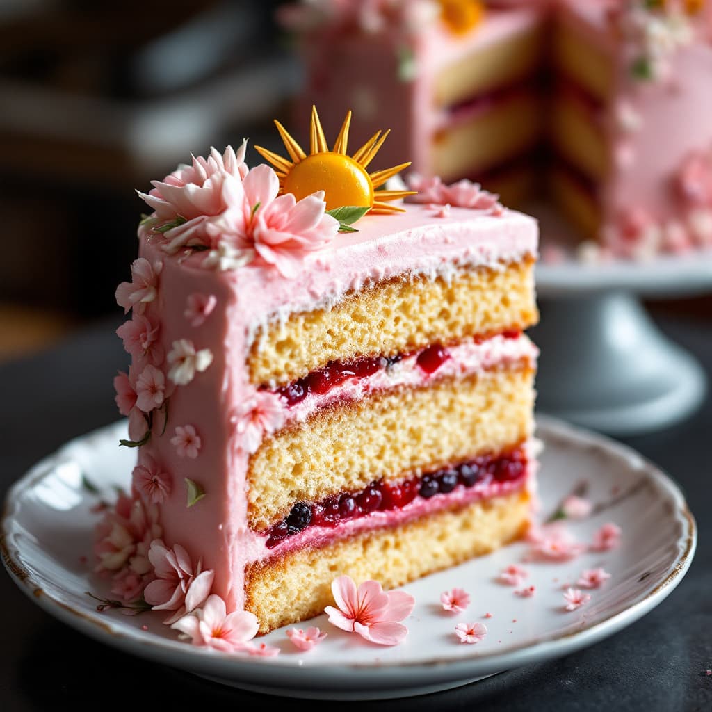 AI generated: Close up photograph of a slice of layered cake with a cherry blossom theme, a layer of fruit filling...