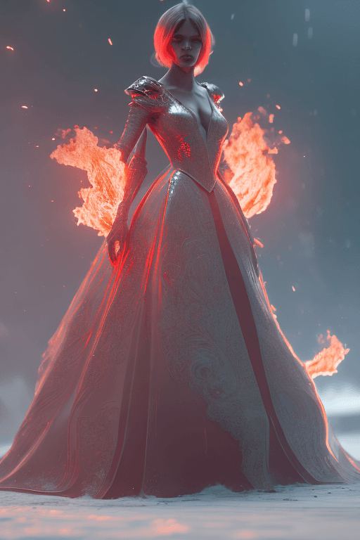 AI generated: mdjrny style v4 red ball gown, ingniting at the bottom, set on fire, perfectly redish, full body, la...