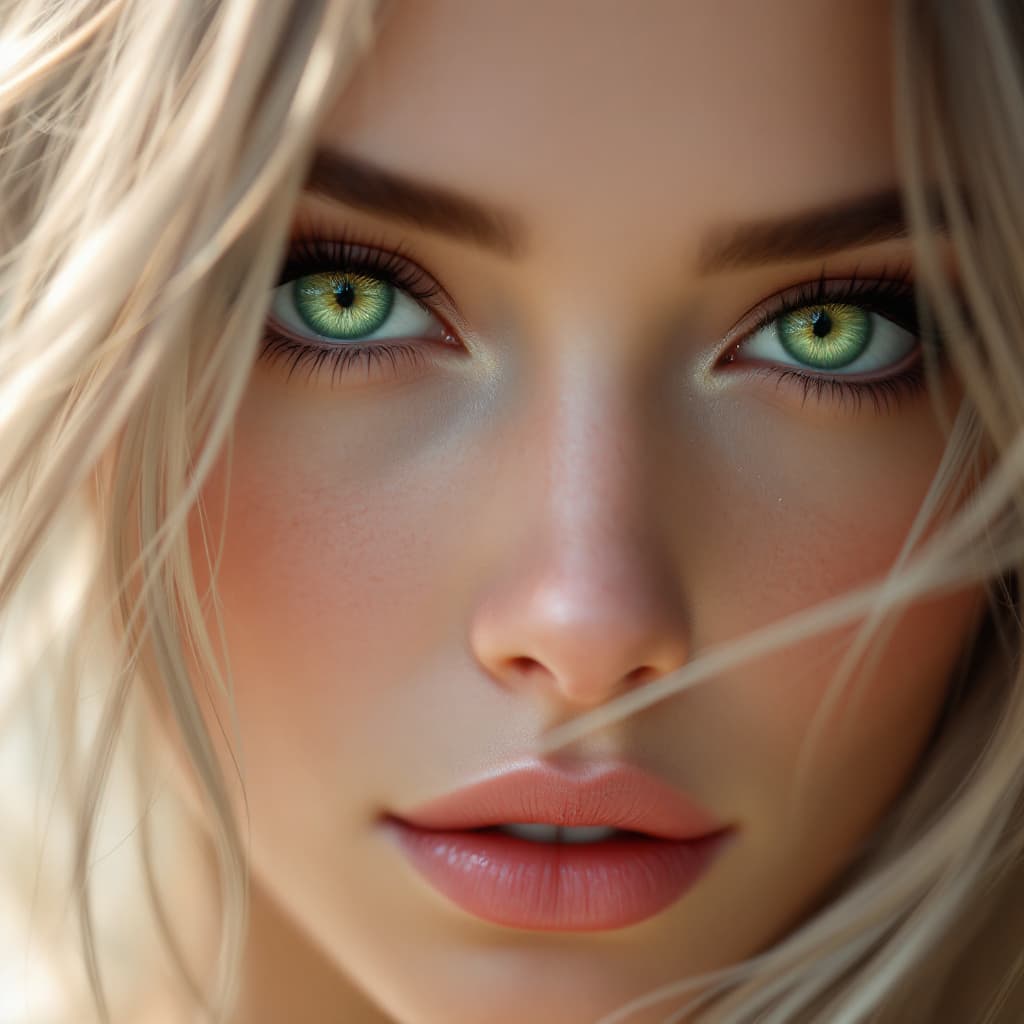 AI generated: a woman with green eyes, in the style of realism with fantasy elements, daz3d, fine art realism, mag...