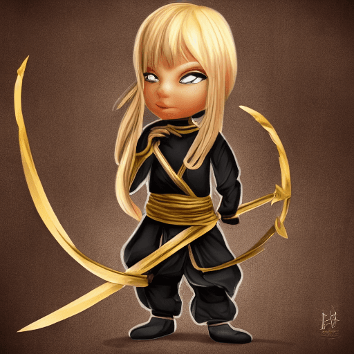 AI generated: tiny ninja girl, young,  detailed cute face, blakc and gold hair