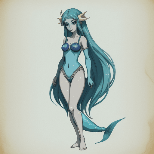 AI generated: elegant blue merfolk girl, Ghibli art style, Spirited Away art style, league of legends style, beach...