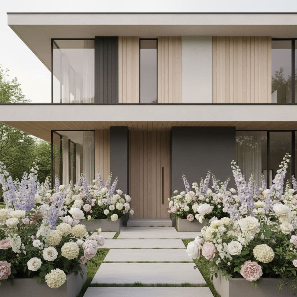 AI generated: Facade, architecture, minimalist house, neutral colorfull, flowers arounf
