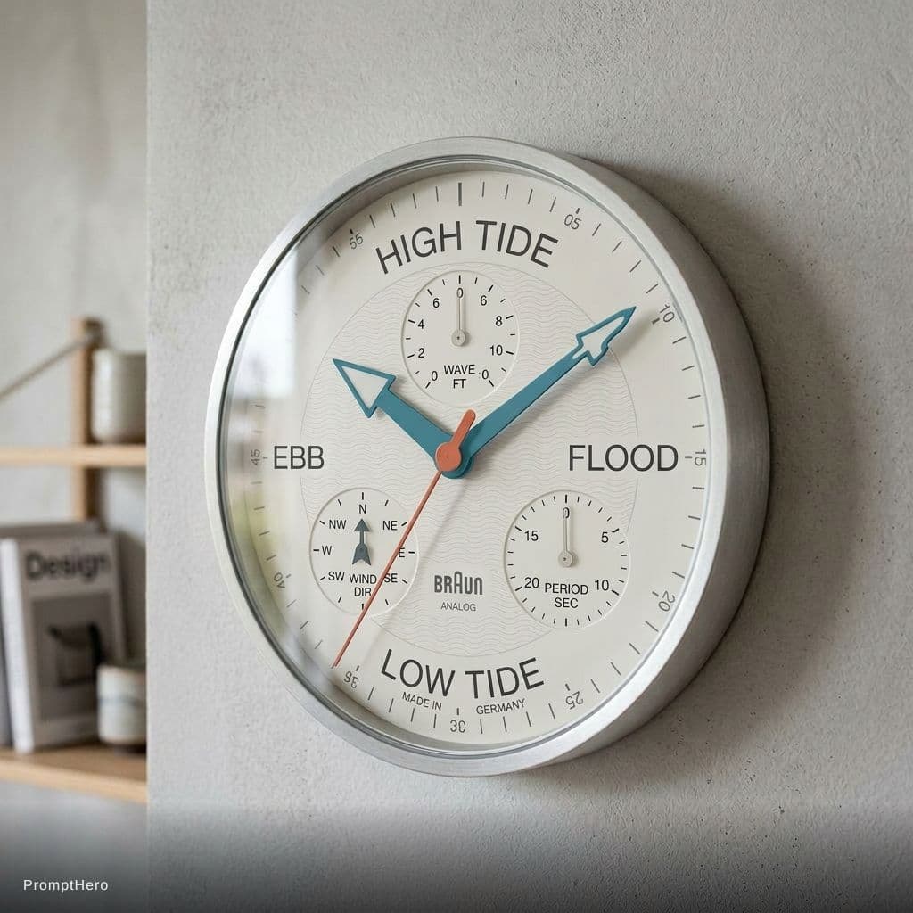 AI generated: Using this clock creates a clock that for its main arm points out what tide it is for a surfer. So a...