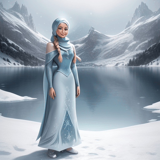 AI generated: A full-body, cinematic illustration of a character inspired by Elsa from Disney, but wearing a simpl...