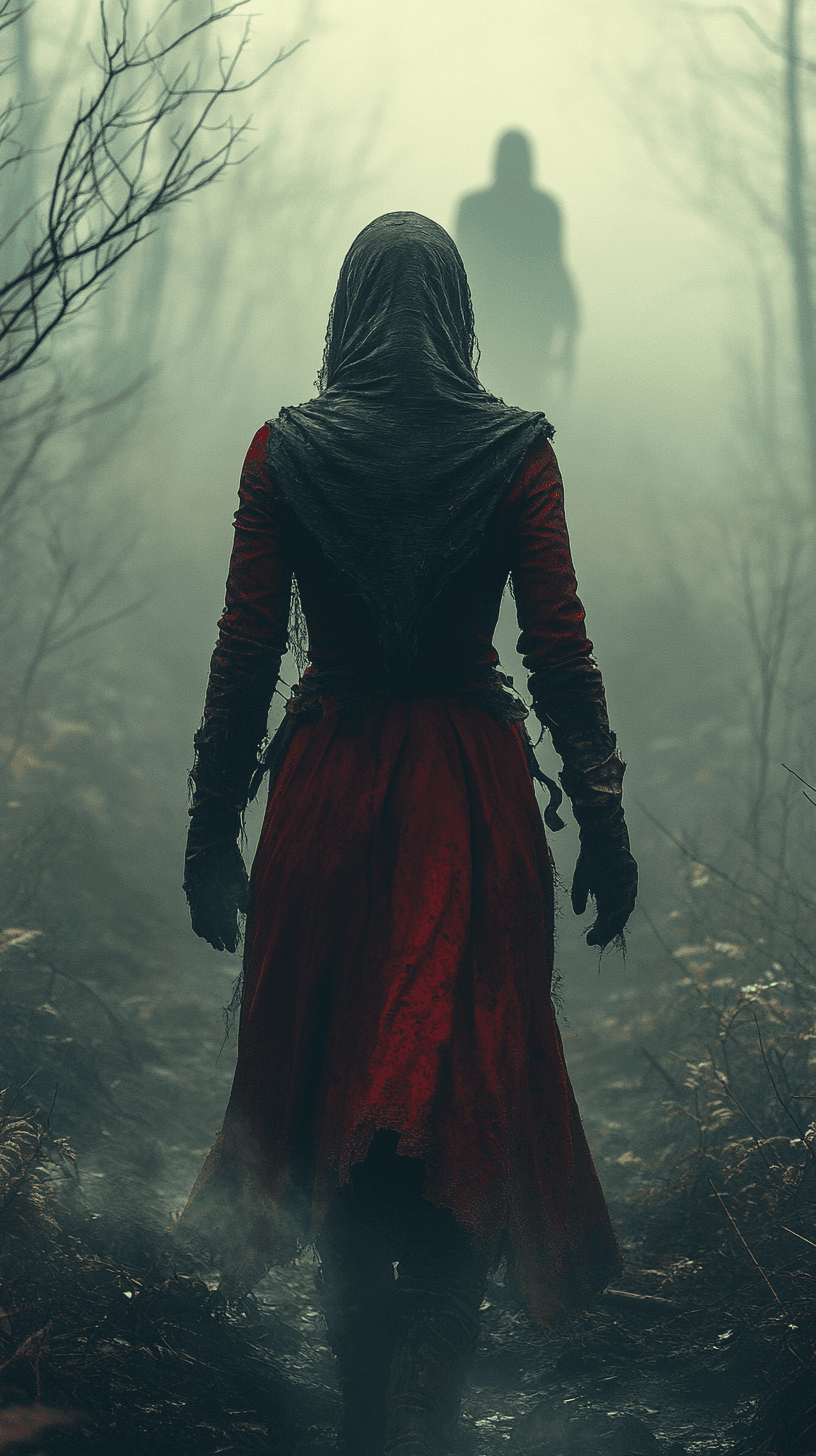 AI generated: In the heart of a dense, fog-choked forest at dusk, a woman in a tattered red coat stumbles through ...