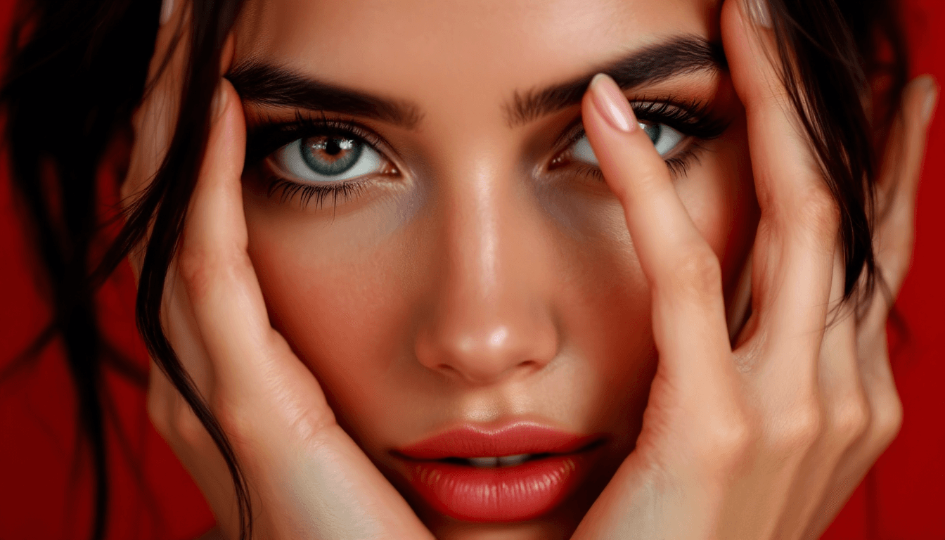AI generated: image of a woman with a thoughtful expression, covering half of her face with her hand, pure red bac...