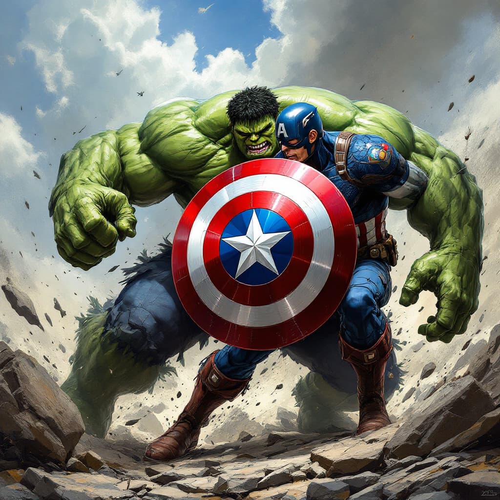 AI generated: captain america stop hulk with his shield
