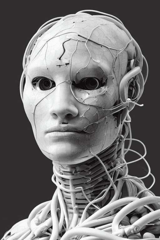 AI generated: cyborg woman| with a visible detailed brain| muscles cable wires| biopunk| cybernetic| cyberpunk| wh...