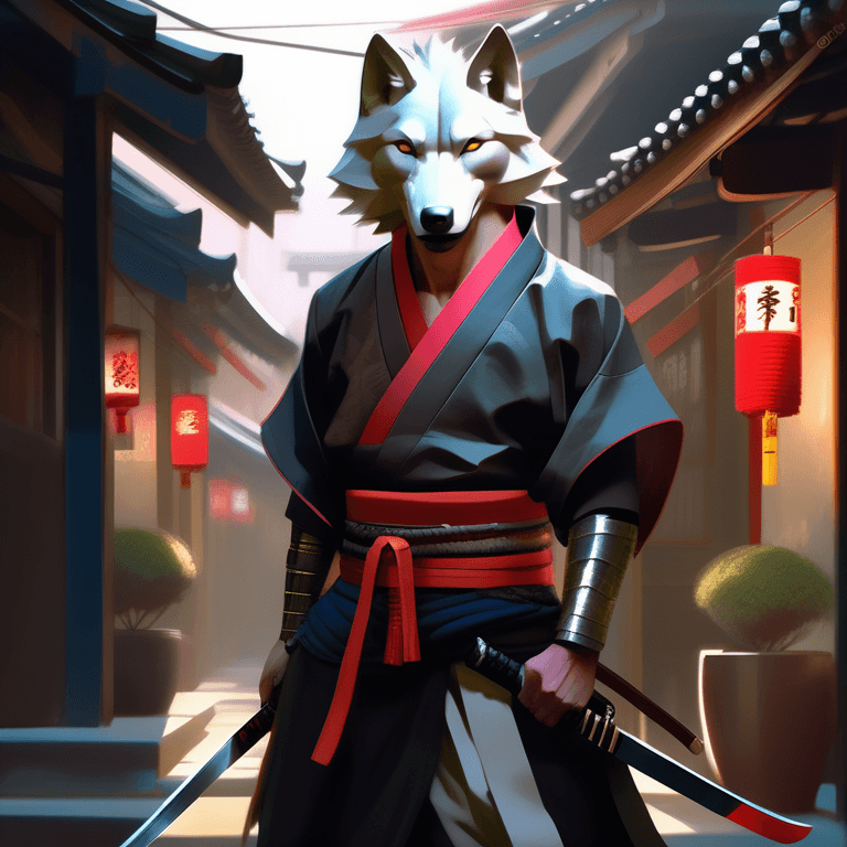 AI generated: a humanized wolf samurai in a alley, soft lighting, detailed face, by craig mullins, by stanley artg...
