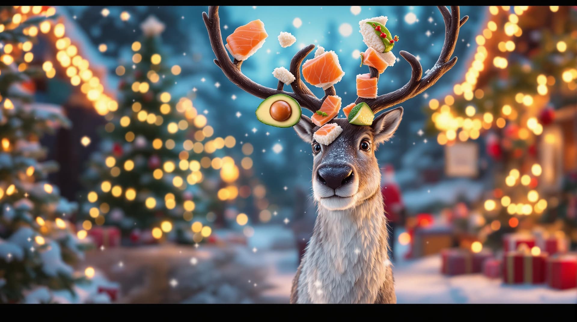 AI generated: A festive Christmas scene featuring a reindeer in the foreground with pieces of sushi (salmon, avoca...