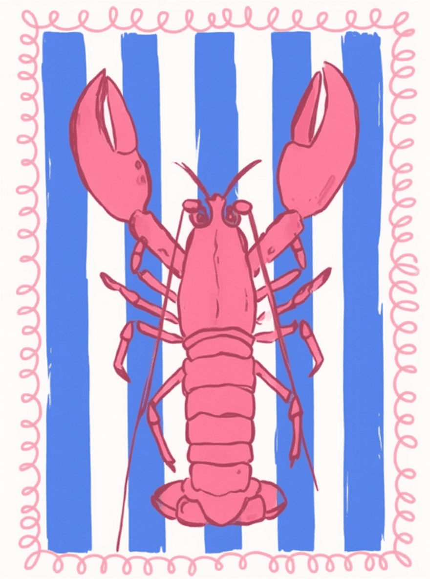 AI generated: A bold and whimsical digital illustration featuring a large, bright pink lobster drawn in a hand-ske...
