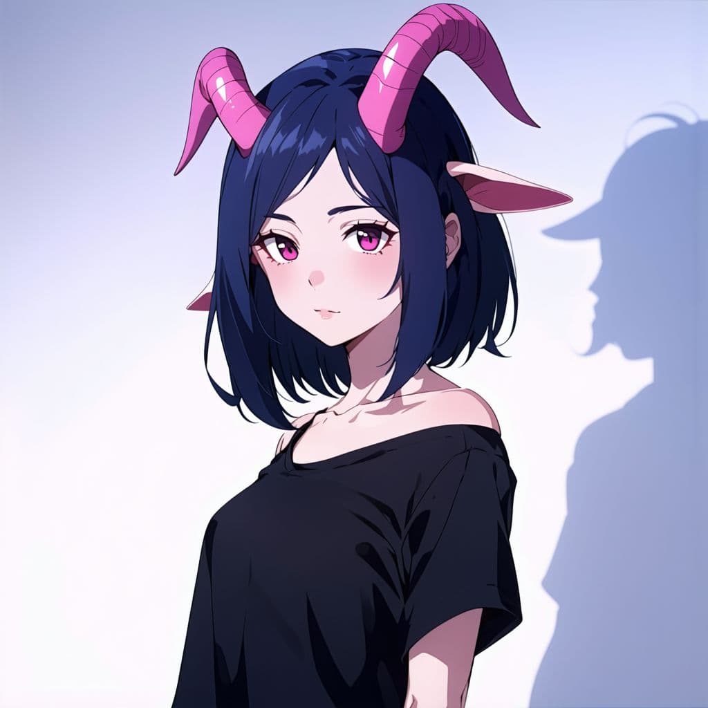 AI generated: Anime Half body of dark blue haired girl with pink horns and goat ears wearing black shoulder less s...