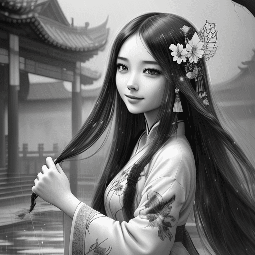 AI generated: dramatic angle,(fluttered detailed ink splashs), (illustration),(((1 girl))),(long hair),(rain:0.6），...