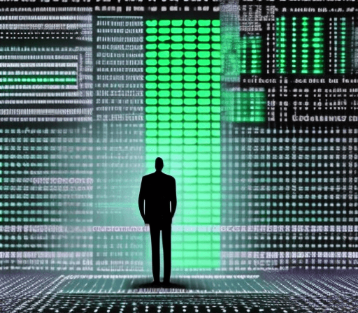 AI generated: A shadow of a programmer standing in front of AI technologies looking at the matrix code data hologr...