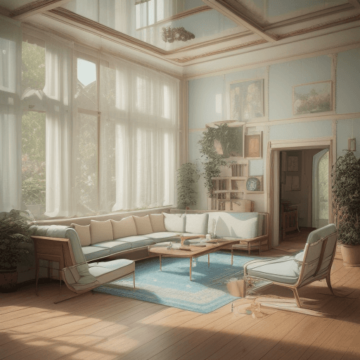 AI generated: High resolution photography interior design, dreamy sunken living room conversation pit, wooden floo...