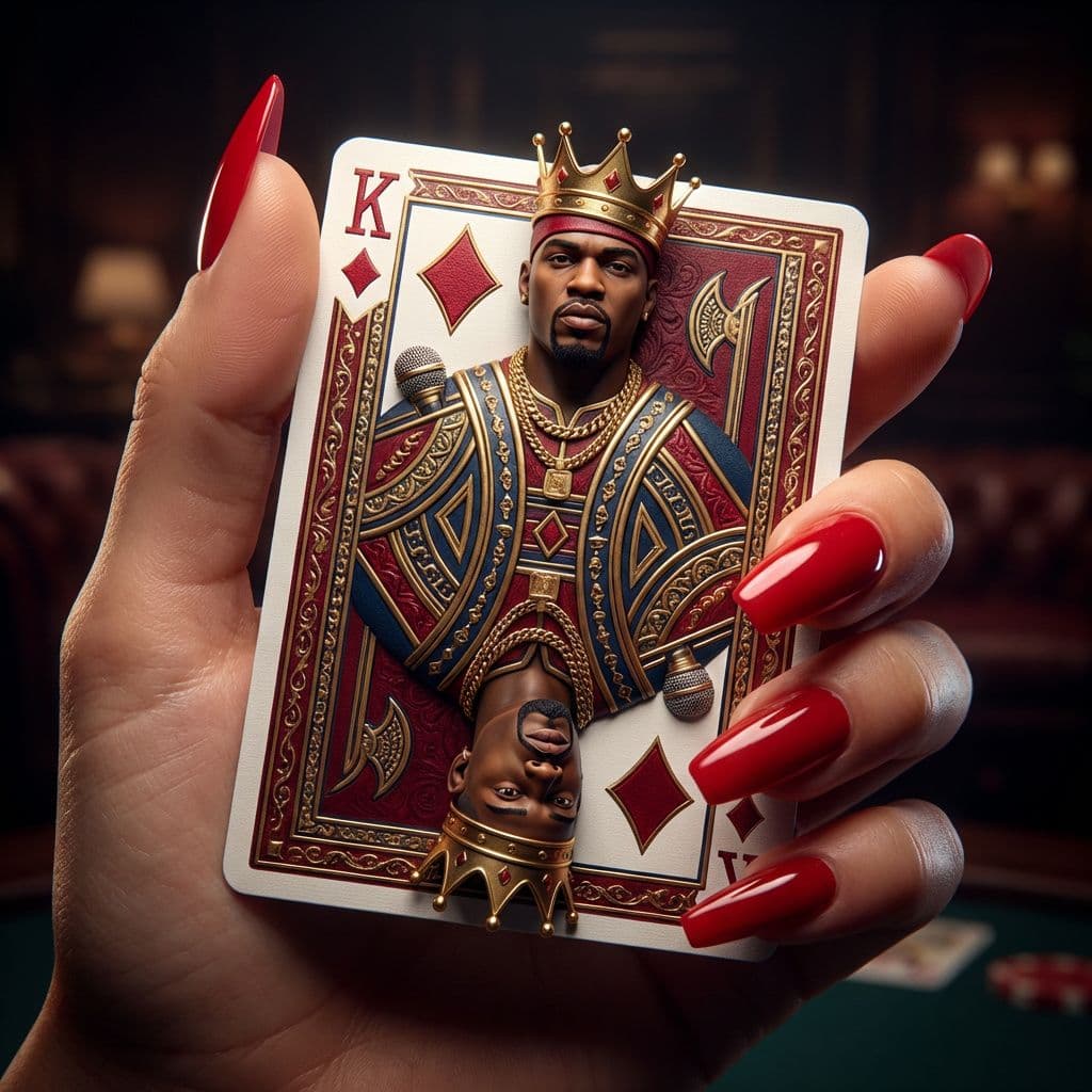 AI generated: 3d illustration of a woman's hand with long red nails holding a king of diamonds playing card depict...