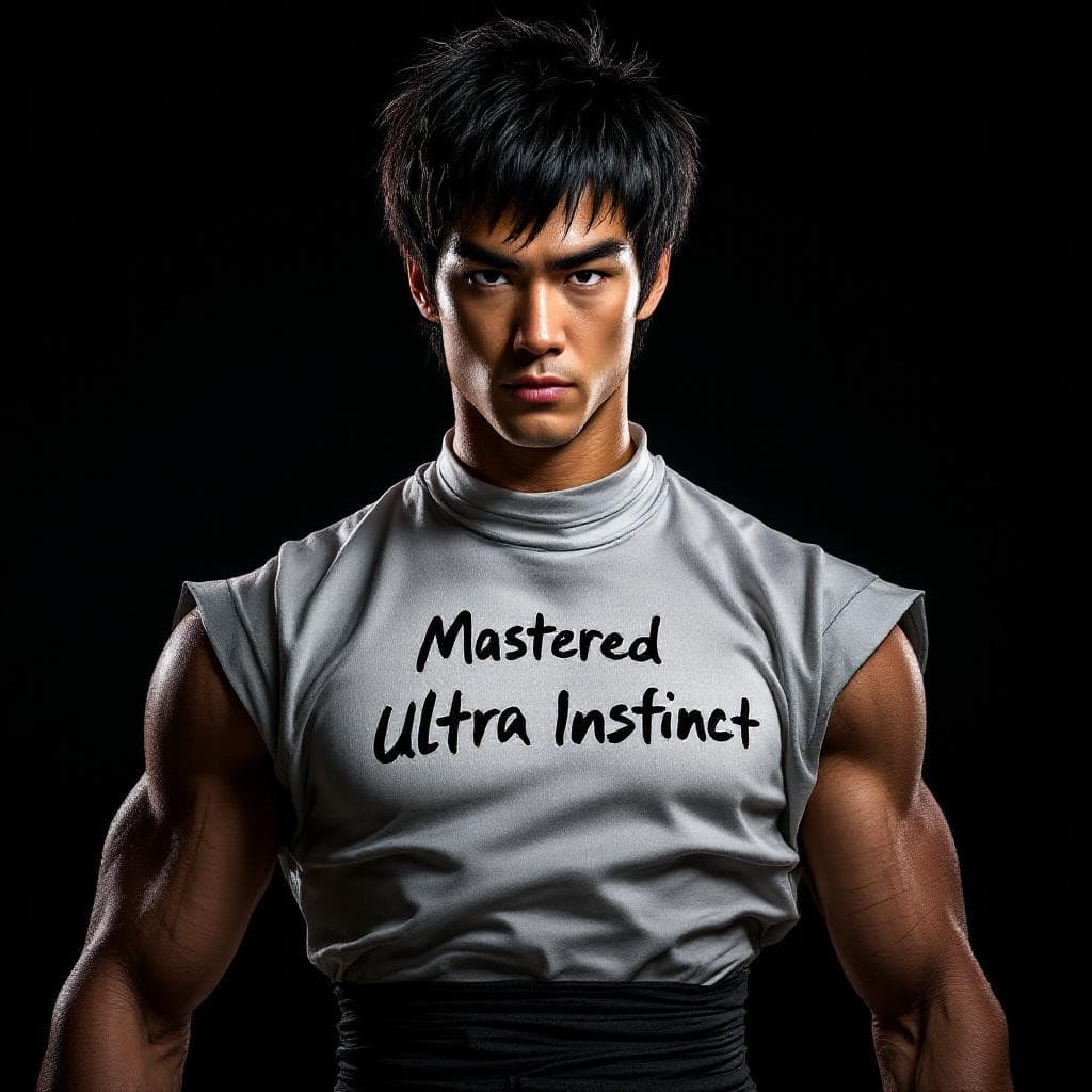 AI generated: Songoku Mastered Ultra Instinct form, wearing his training suite Written on chest fabric "Ryan Lee",...