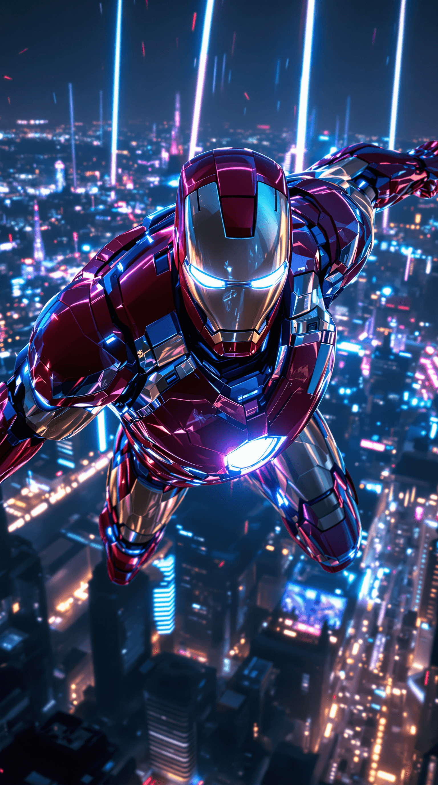 AI generated: An ultra-realistic, highly detailed, high-resolution Iron Man suit flying through the night, illumin...