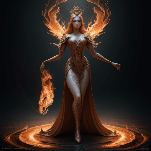 AI generated: young beautiful Queen of the fire standing on ground in spiral flame fog background, glorious, full ...