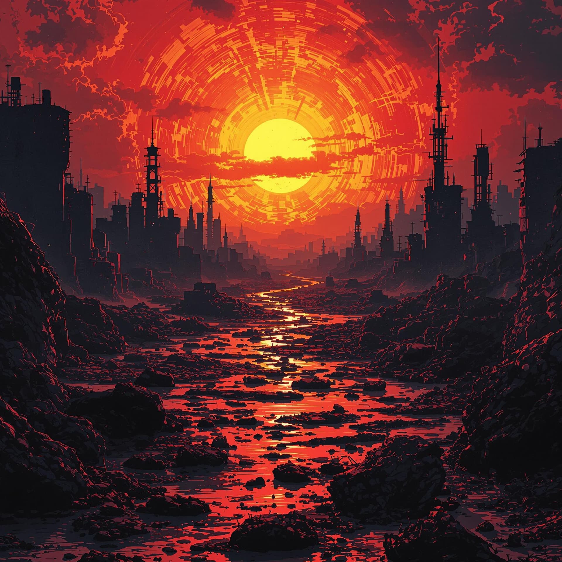 AI generated: sun rise in a dystopian world.