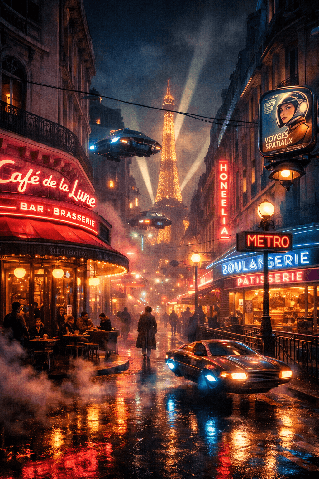 AI generated: A retrofuturism style futuristic street at night, French, with neon lights, volumetric smoke, volume...