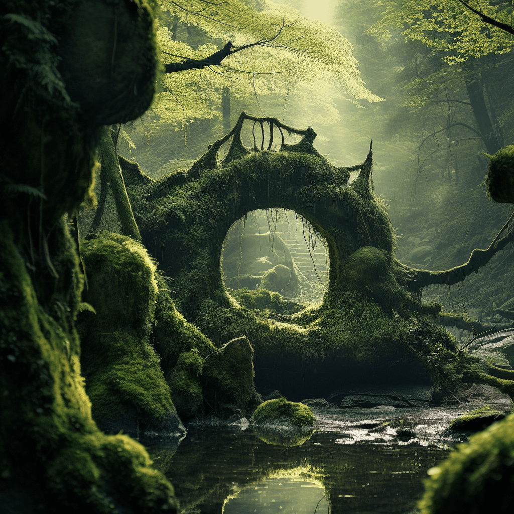 AI generated: green moss in the forest, in the style of matthias grünewald, organic form, kazimierz dąbrowski, sve...
