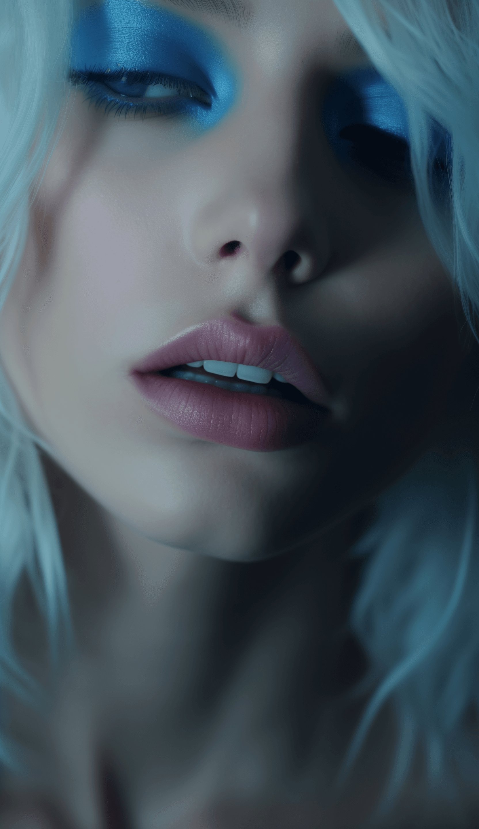 AI generated: woman with blonde hair , white makeup and blue eyeshadow, screenshot, screengrab in the style of Lev...