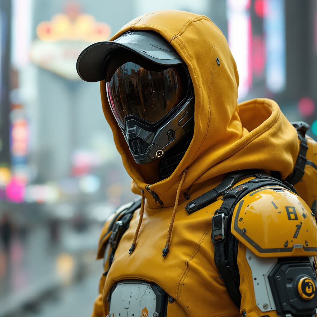AI generated: A hyper futuristic a full length shot of a robot wearing a helmet, hoodie and cap, Half Life as sign...
