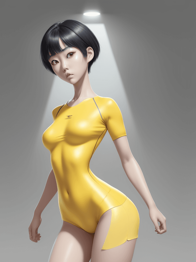 AI generated: image of Korean girl, photo realistic, wearing tight yellow swimming wear, symmetric eyes, full body...