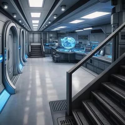 AI generated video: slow pan around the room, stopping at the beginning point. Looking around the area. cinematic tensio...