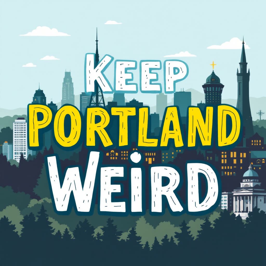 AI generated: text that says Keep Portland Weird with landmarks from Portland Oregon in the background like the St...