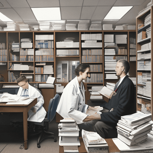 AI generated: A primary care doctor and a patient, both adults, in a cluttered, old-fashioned medical office fille...