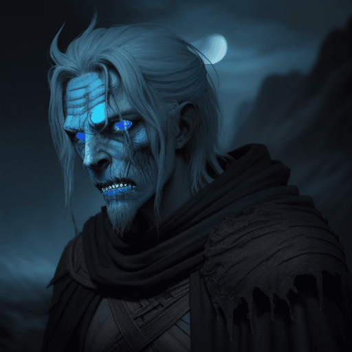 AI generated: a male desiccated norse draugr with flaming blue eyes and a cloak in a dark moonlit background, cine...
