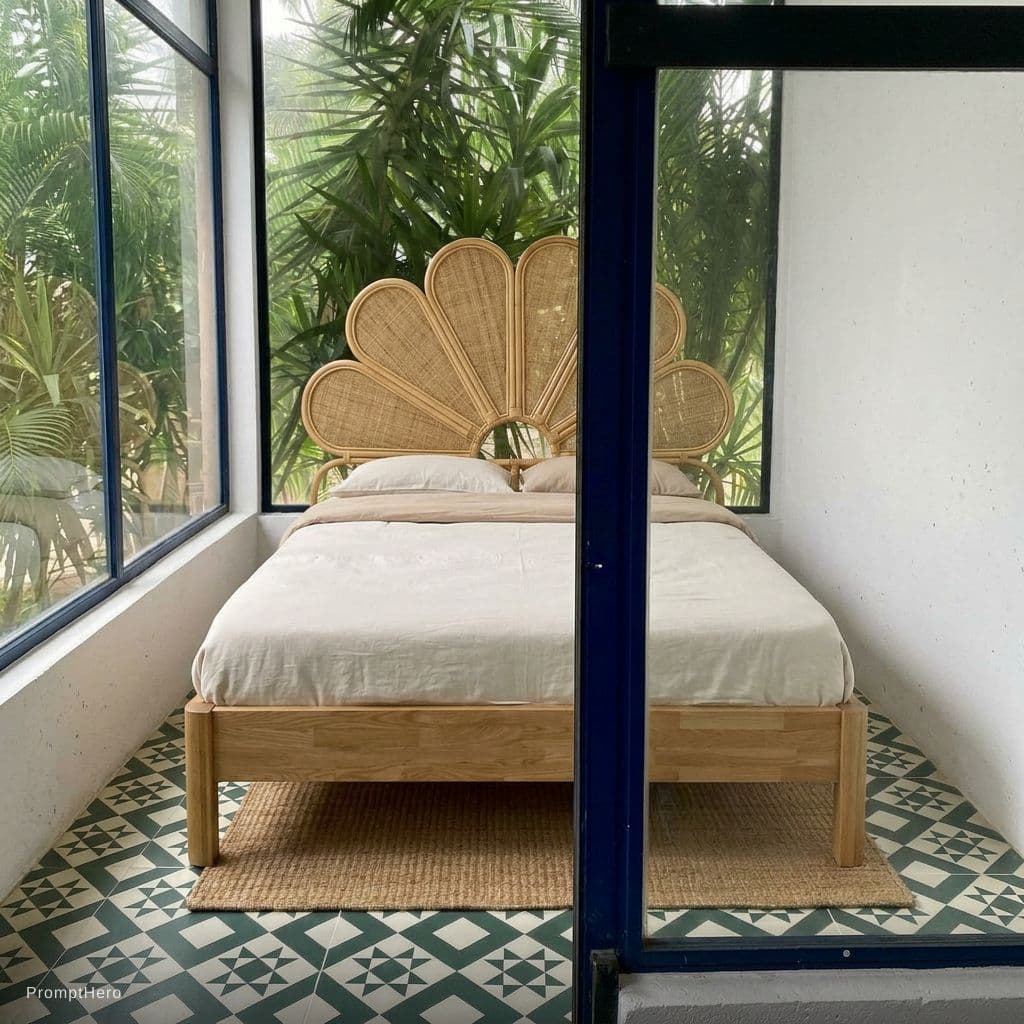 AI generated: add this bed to the room with the headboard is on the window. The bed is facing the viewer. the feet...