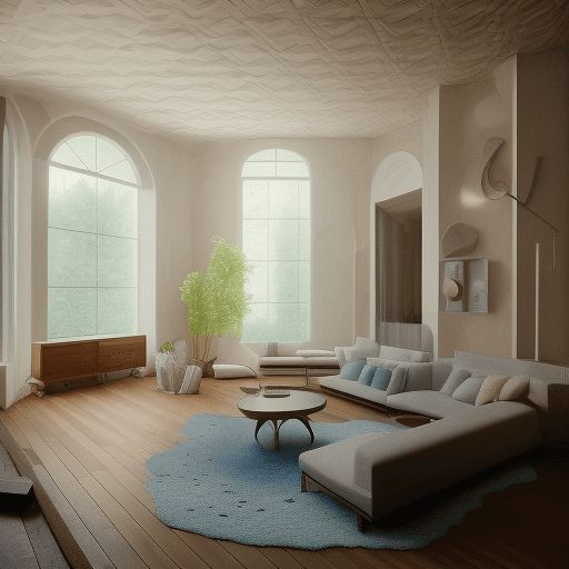 AI generated: High resolution photography interior design, dreamy sunken living room conversation pit, wooden floo...