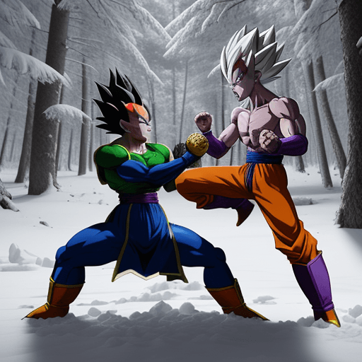 AI generated: fight scene between dragon ball z characters "Vegeta" and "Freeza" above a snowed forest